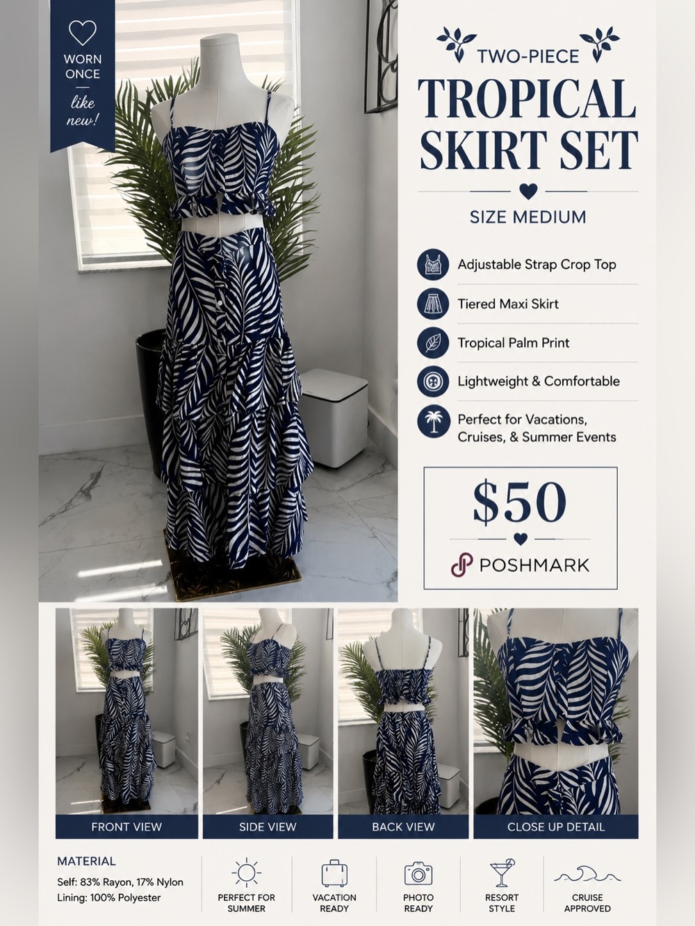 Navy Tropical Palm Tiered Maxi Skirt Set
